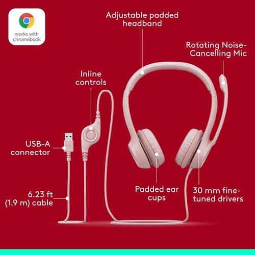 Logitech H390 Wired Headset for PC/Laptop, Rose - Auricular - en oreja - cableado - USB-A - rosa