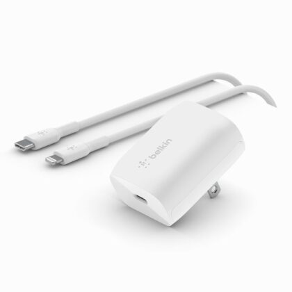Belkin BoostCharge - Power adapter - PPS technology - 20 Watt - 3 A - Power Delivery 3.1, Fast Charge (24 pin USB-C) - white - for Apple iPhone 14, 14 Plus, 14 Pro, 14 Pro Max