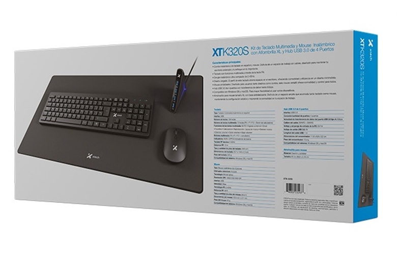 Xtech - MM Keyboard wls, mouse wls, mouse pad XL and USB 3.0 Hub Kit - Spanish - Wireless / Wired - 2.4 GHz / USB - Black - XTK-320S
