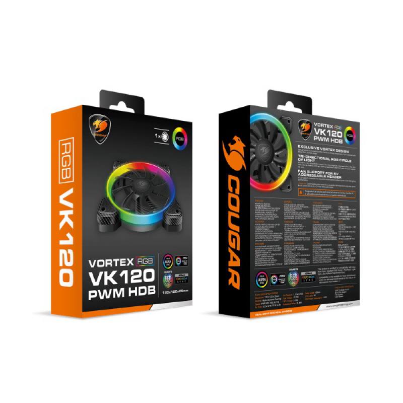 Abanico COUGAR VORTEX ARGB VK120 PWM HDB, 120mm, 5V 3pin, ARGB, Negro