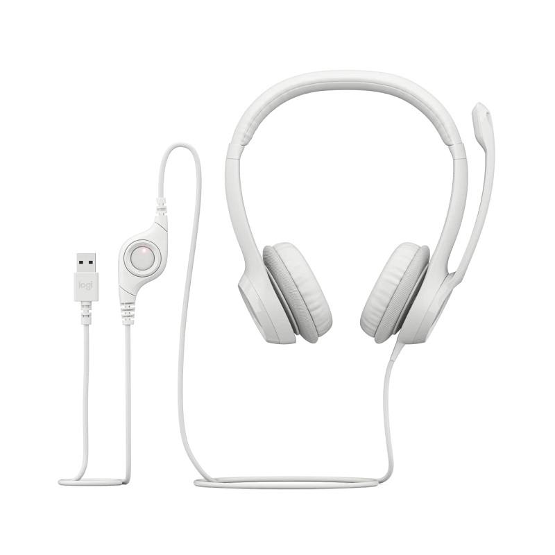 Headset Logitech H390, Conexión USB, Sonido Estéreo Digital con supresión de ruido y Micrófono, Blanco