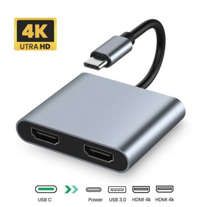Adaptador Multiple 4 en 1 de USB tipo C a HDMI x 2 4K, USB 3.0 y USB tipo C