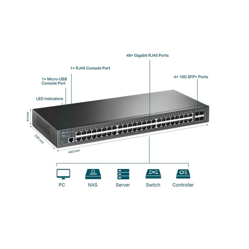 Switch TP-LINK TL-SG3452X JetStream de 48 puertos Gigabit L2+ con 4 ranuras 10GE SFP+, Administrable, Rack