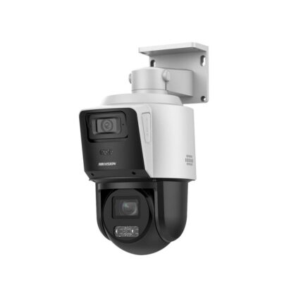 Cámara PTZ IP Hikvision, Poe, 4MP + 4MP, 2.8/12mm, 4x óptico, IR 30m, TandemVu, hasta 512GB Micro SD, IP66, Plástico