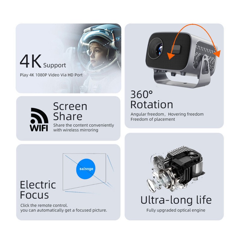Proyector Velec A10 LED, (1280×720) 720p HD, 390 lumenes, Bluetooth 5.0, WiFi 6, HDMI, USB, Android 13