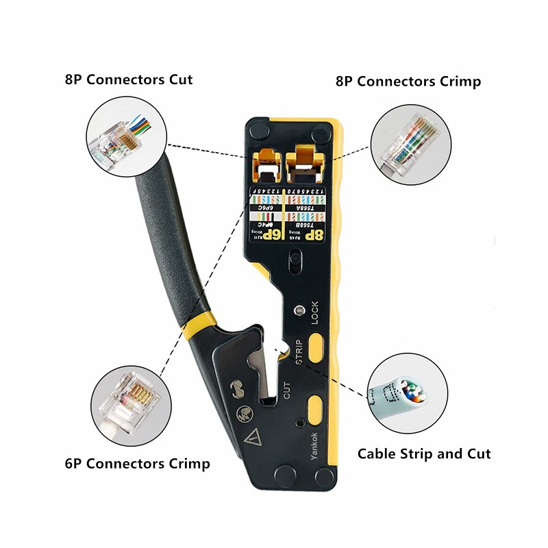 Pinza para armar cable de Red T-Vision 6088, kit de prensado para Cat7 Cat6 Cat5e, RJ12, RJ11, RJ45, 8P/6P, Amarilla