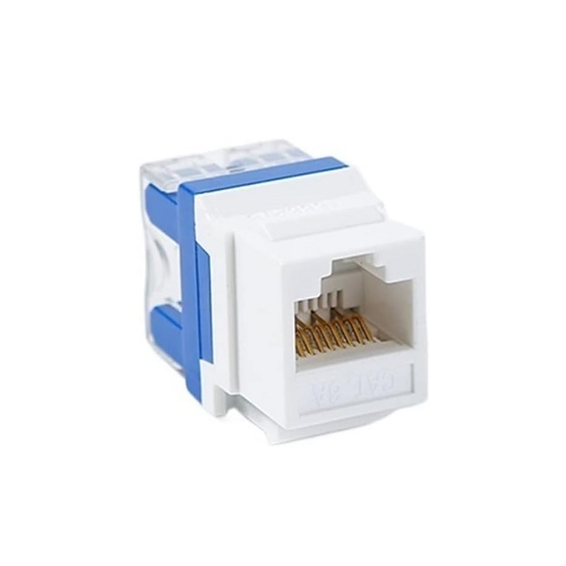 Jack RJ45 CAT6A T-VISION de 8 contactos a 180°, tipo Keystone, Blanco/Azul