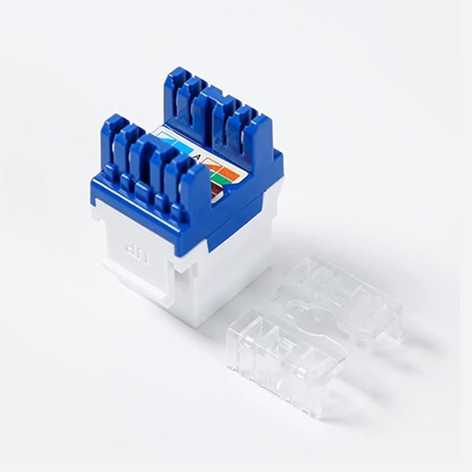 Jack RJ45 CAT6A T-VISION de 8 contactos a 180°, tipo Keystone, Blanco/Azul