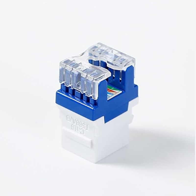 Jack RJ45 CAT6A T-VISION de 8 contactos a 180°, tipo Keystone, Blanco/Azul