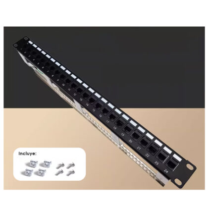 Patch Panel T-VISION Cat6 24 Puertos, Marco metálico amplio, montaje a presión, Pass Fluke, incluye módulos negros