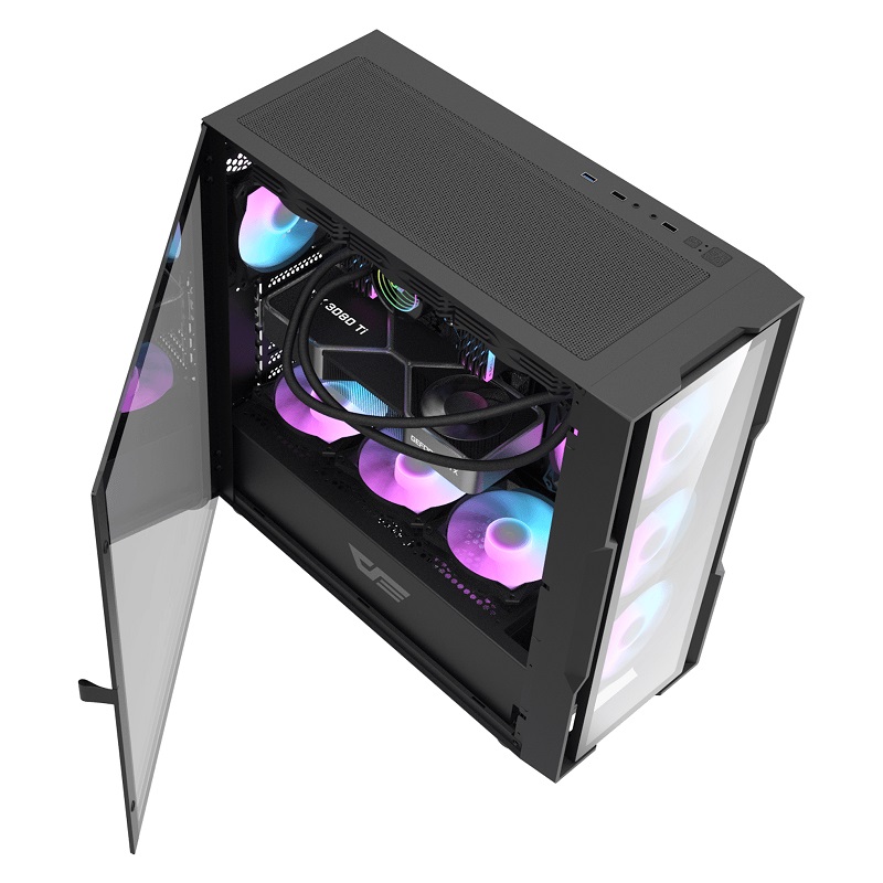 Gabinete Gaming DarkFlash DK431, E-ATX/M-ATX/ATX, Panel lateral y frontal de vidrio templado, incluye 4 abanicos ARGB, Color Negro