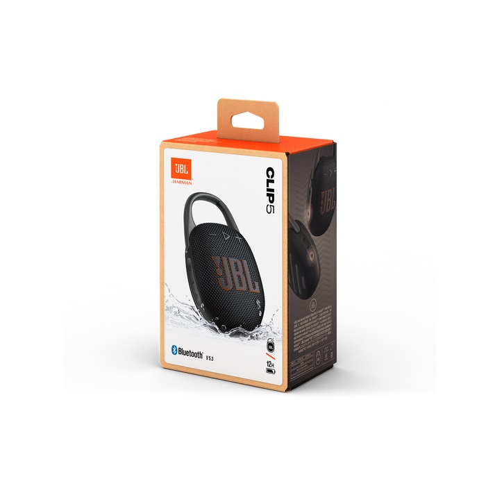 Bocina JBL Clip 5 portátil, conexión Bluetooth, resistente al polvo y al agua IP67, color Negro