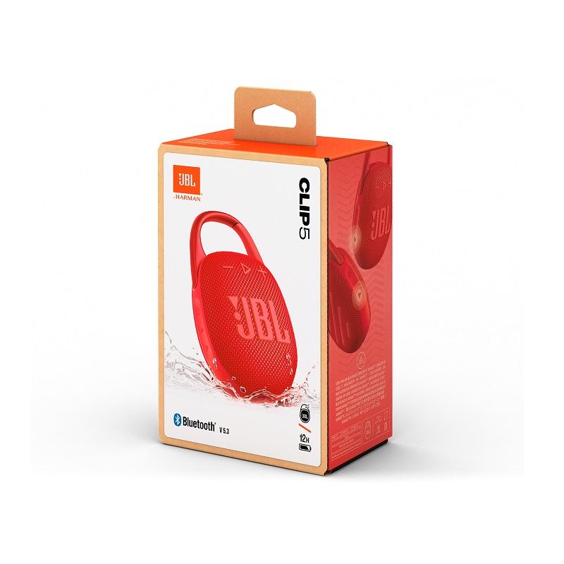Bocina JBL Clip 5 portátil, conexión Bluetooth, resistente al polvo y al agua IP67, color Rojo