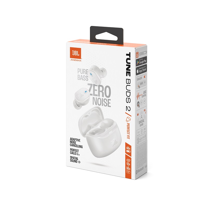 Audifonos JBL Tune Buds 2, Con estuche de carga, Estéreo, conexión Inalámbrica Bluetooth 5.3, IP54, Blanco