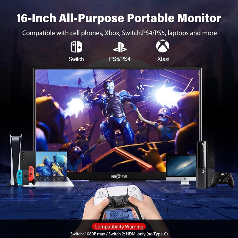 Monitor LED portátil InnoView PM408 de 16" 2K QHD 240Hz, IPS, puertos mini HDMI y USB Tipo C