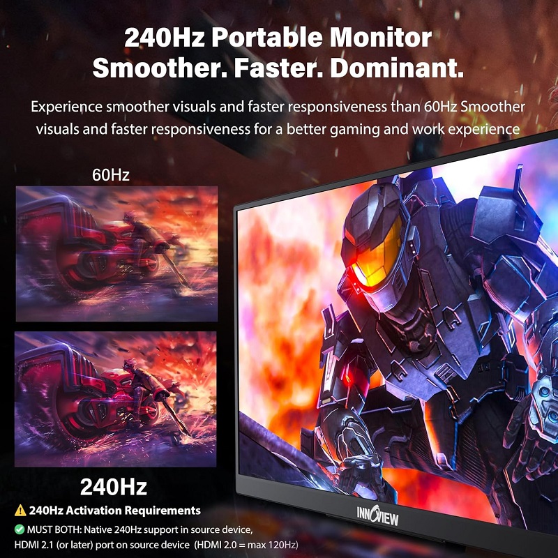 Monitor LED portátil InnoView PM408 de 16" 2K QHD 240Hz, IPS, puertos mini HDMI y USB Tipo C