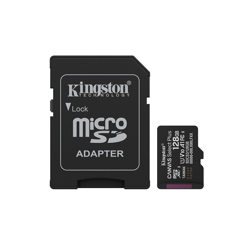 Memoria Micro SD KINGSTON 128GB Canvas Select Plus, UHS-I, U1/U3, v10/30, A1, Clase 10, lectura 150MB/s, con Adaptador
