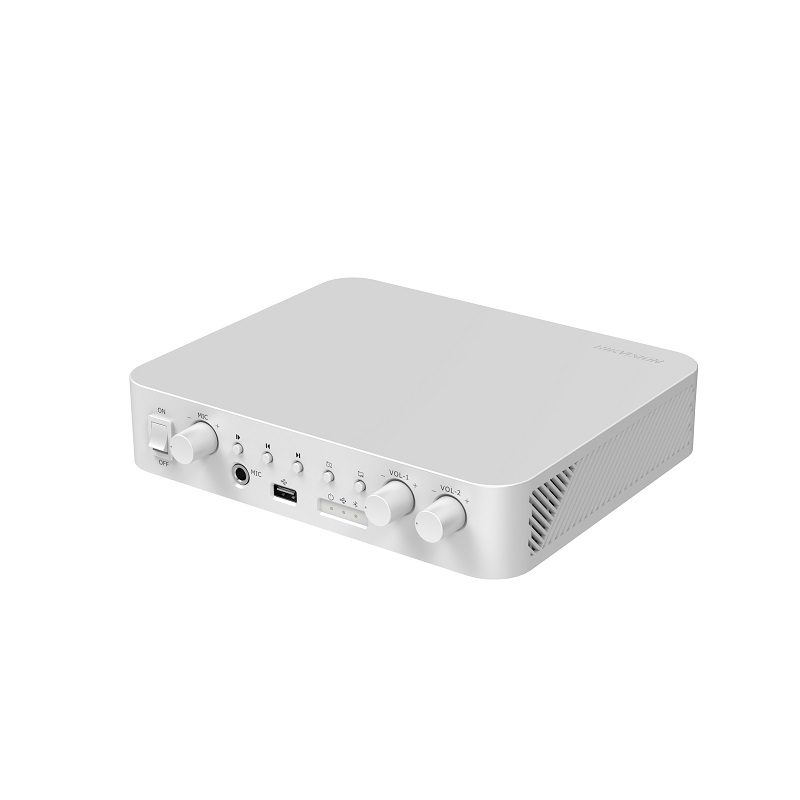 Amplificador analógico HIKVISION QAE0A60G1-VB, dos zonas, 60W, Entrada y Salida RCA, USB, 1 Entrada Micrófono, 24VCD