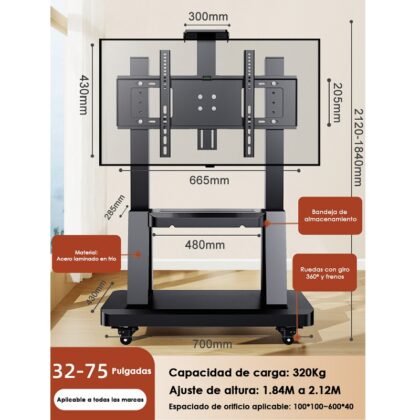 Soporte de piso T-VISION WMX007-5 para TV de 32" a 75" pulgadas, rotación libre de 360°, incluye rueditas y repisa, peso máx 320Kg