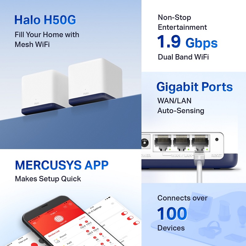 Router Inalambrico MERCUSYS Halo H50G, Wi-Fi 5 Mesh AC1900 Dual Band, 600Mbps 2.4GHz y 1300Mbps 5GHz, 3 puertos Gigabit, (2-pack)