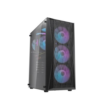 Gabinete Gaming DarkFlash DK352 Mesh, ATX Mid Tower, Panel lateral de vidrio templado, incluye 4 abanicos ARGB, Color Negro