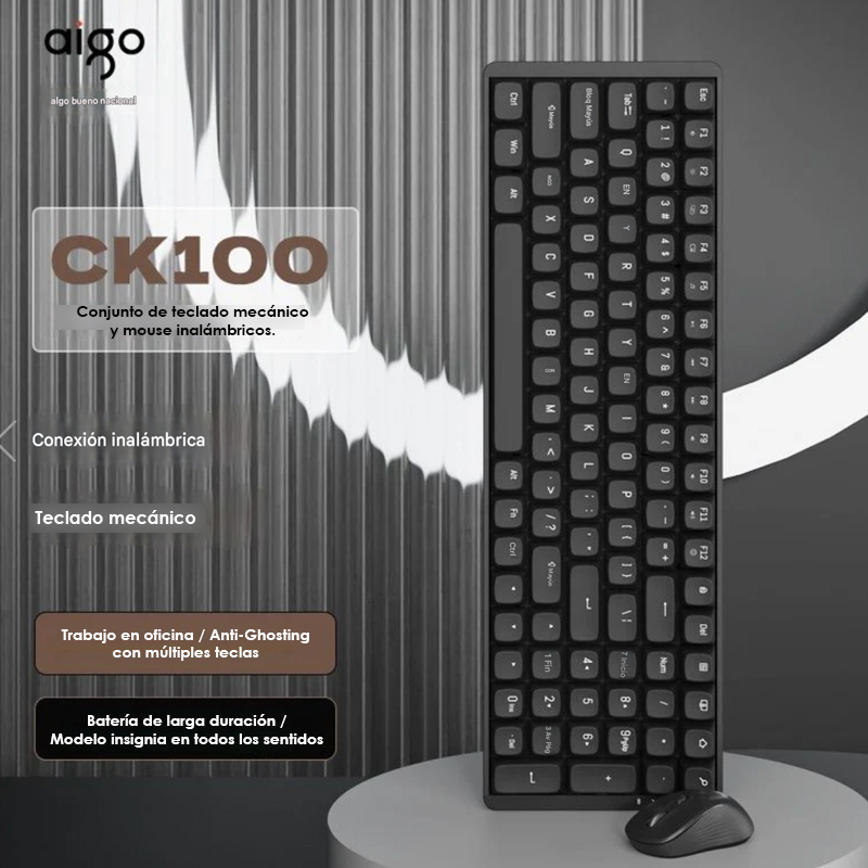 Combo Teclado Mecánico y ratón AIGO CK100, Conexión inalámbrica 2,4 GHz, Switch Rojo, Inglés, Negro (DarkFlash)