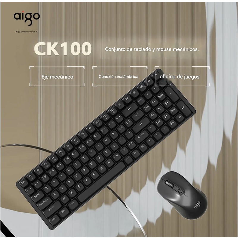 Combo Teclado Mecánico y ratón AIGO CK100, Conexión inalámbrica 2,4 GHz, Switch Rojo, Inglés, Negro (DarkFlash)