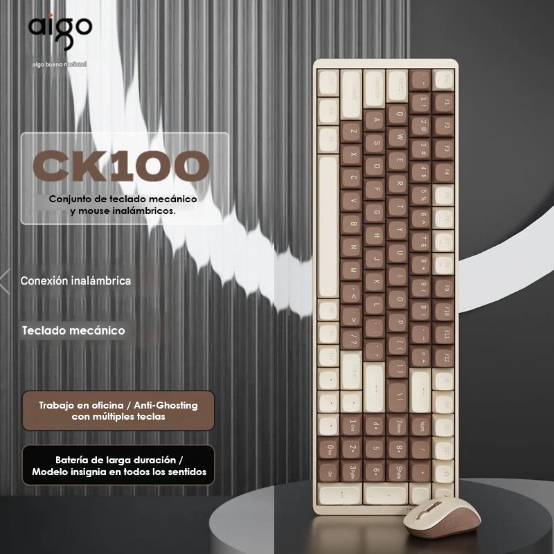 Combo Teclado Mecánico y ratón AIGO CK100, Conexión inalámbrica 2,4 GHz, Switch Rojo, Inglés, Chocolate (DarkFlash)