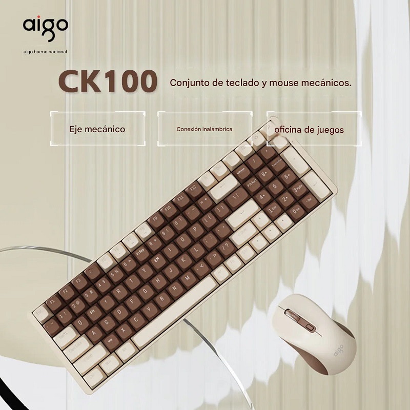 Combo Teclado Mecánico y ratón AIGO CK100, Conexión inalámbrica 2,4 GHz, Switch Rojo, Inglés, Chocolate (DarkFlash)