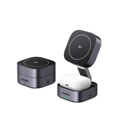 Cargador inalámbrico UGREEN Qi2 W702, 2 en 1, compatible con iPhone y Airpods, carga rápida 12V 3A 15W
