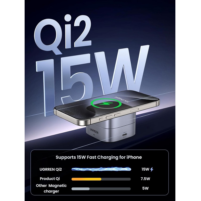 Cargador inalámbrico UGREEN Qi2 W702, 2 en 1, compatible con iPhone y Airpods, carga rápida 12V 3A 15W
