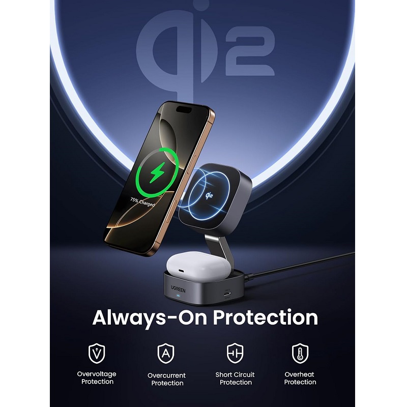 Cargador inalámbrico UGREEN Qi2 W702, 2 en 1, compatible con iPhone y Airpods, carga rápida 12V 3A 15W