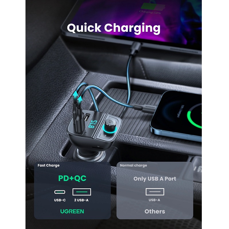 Cargador de Carro UGREEN CD229, 3 puertos USB, 2x USB Tipo C y 1x USB-A, Carga Rápida 31.5W, Bluetooth 5.0, tarjeta TF, Negro