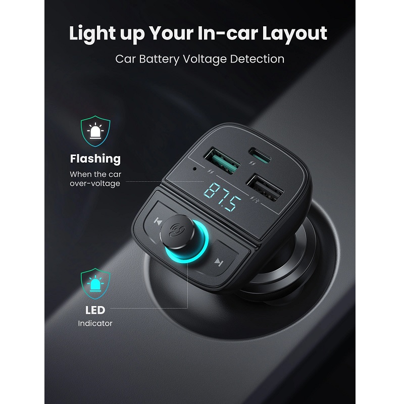 Cargador de Carro UGREEN CD229, 3 puertos USB, 2x USB Tipo C y 1x USB-A, Carga Rápida 31.5W, Bluetooth 5.0, tarjeta TF, Negro