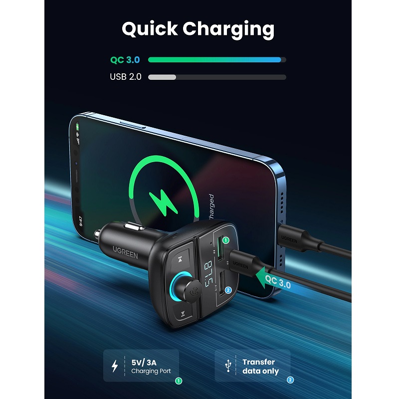 Cargador de Carro UGREEN CD229, 3 puertos USB, 2x USB Tipo C y 1x USB-A, Carga Rápida 31.5W, Bluetooth 5.0, tarjeta TF, Negro
