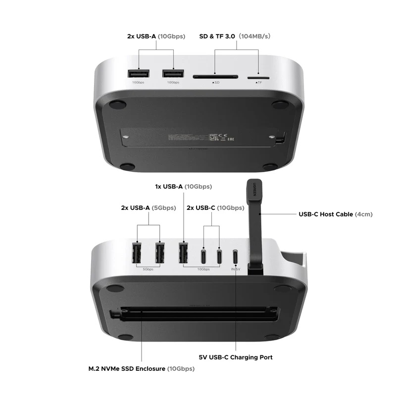 Docking Station UGREEN 11 en 1 CM841, puertos USB-C y USB-A 10Gbps, UHS‑II SD/TF, MicroSD, soporta hasta 8 TB SSD M.2