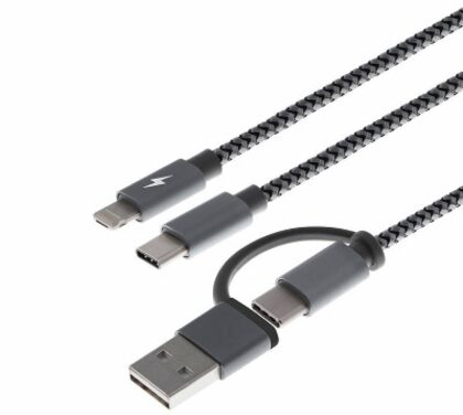 Cable USB XTECH multifuncional 5en1, Entrada USB Tipo A o C, Salida 2en1 (Micro USB + Lightning) / USB Tipo C, 1M, Gris