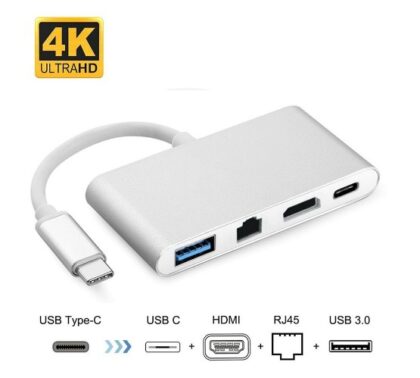 Adaptador Multiple 4 en 1 USB 3.1 Tipo-C a 4K HDMI, USB 3.0, Puerto Ethernet RJ45, Cargador Tipo-C, soportado en Windows