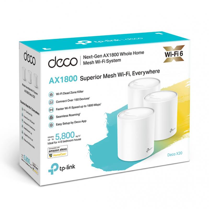 Router Inalambrico TP-Link DECO X20, Wi-Fi 6, Gigabit Dual Band AX1800, 574Mbps 2.4GHz y 1201Mbps 5GHz, (3-pack)