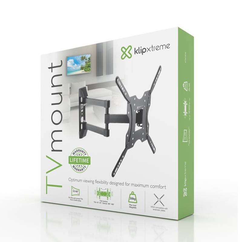 Soporte de pared KLIP XTREME para TV de 32" hasta 60", carga máx. 30kg, Inclinación +3°-10° / Giro -90°+90°